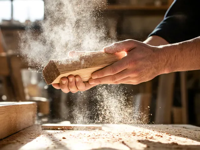 Close-up of craftsman sanding wood in dusty workshop environment