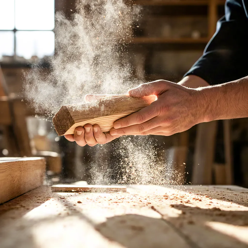 Carpenter Sanding Wooden Plank in Workshop