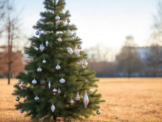 Decorated Christmas tree glowing in a frosty winter meadow