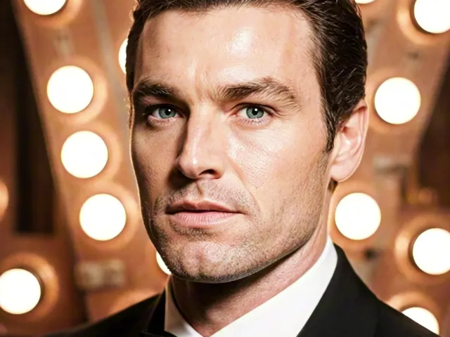 Stylish man posing in front of illuminated makeup mirror