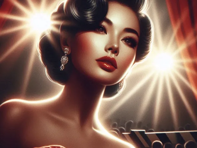 Glamorous Hollywood style woman posing on red carpet with cinematic lights