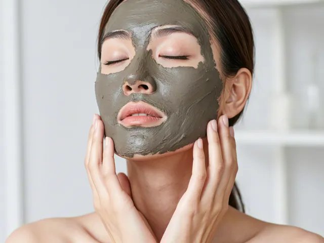 Woman applying natural clay facial mask as part of skincare treatment