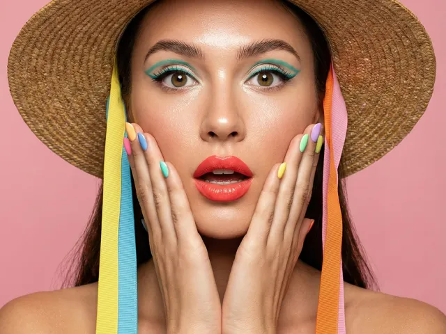 Close-up portrait of woman wearing a straw hat with colorful ribbons and vibrant makeup