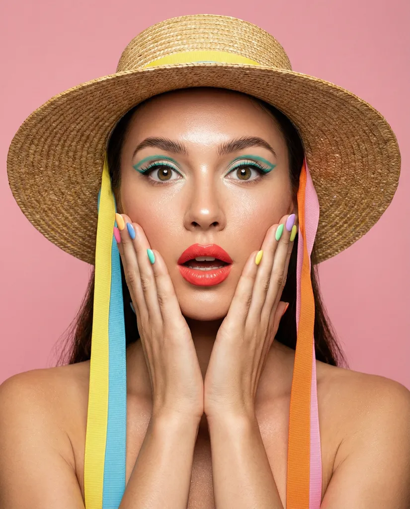 Colorful Beauty Portrait of Woman in Straw Hat