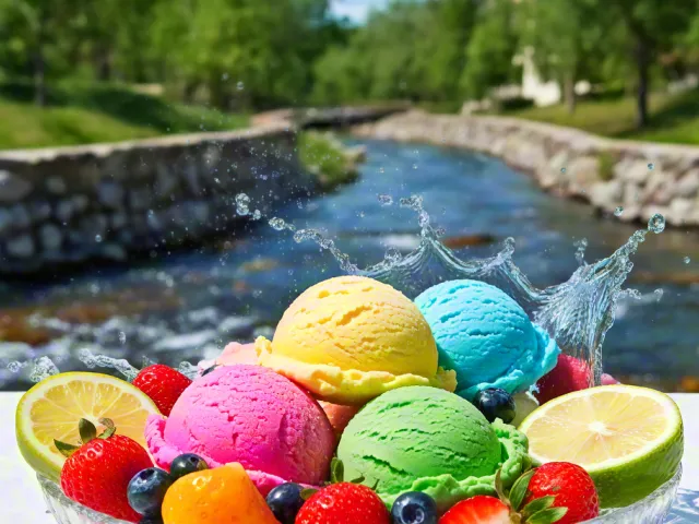 Bowl of colorful ice cream scoops placed outdoors near a river in summer