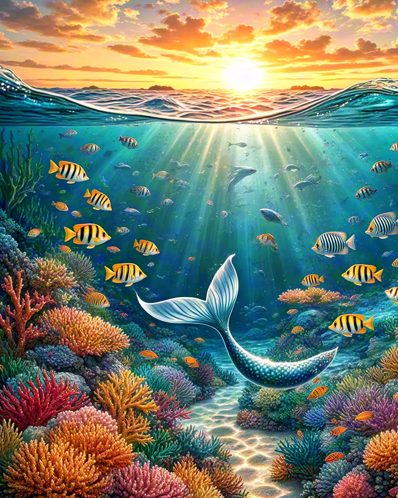 Vibrant underwater illustration featuring a mermaid swimming among coral reefs and tropical fish.