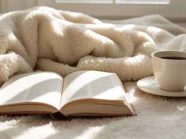 Open book and cup of tea resting on soft blanket in warm ambiance