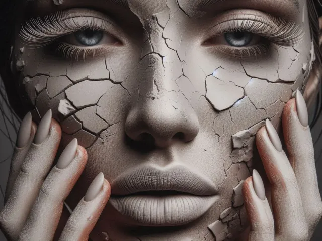 Conceptual beauty portrait showing cracked skin texture as skincare concern
