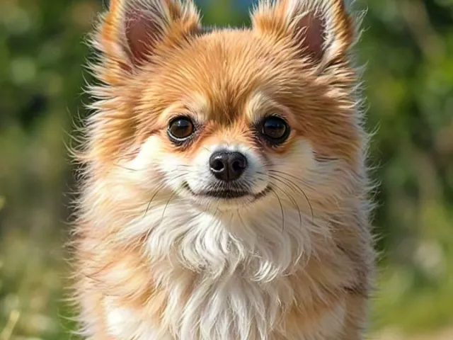 Small fluffy Pomeranian dog standing on a sunny outdoor path, looking directly at the camera.