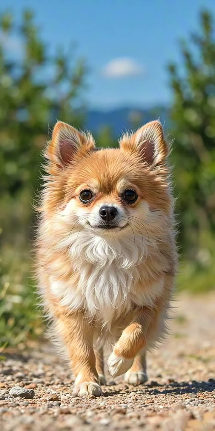 Small fluffy Pomeranian dog standing on a sunny outdoor path, looking directly at the camera.