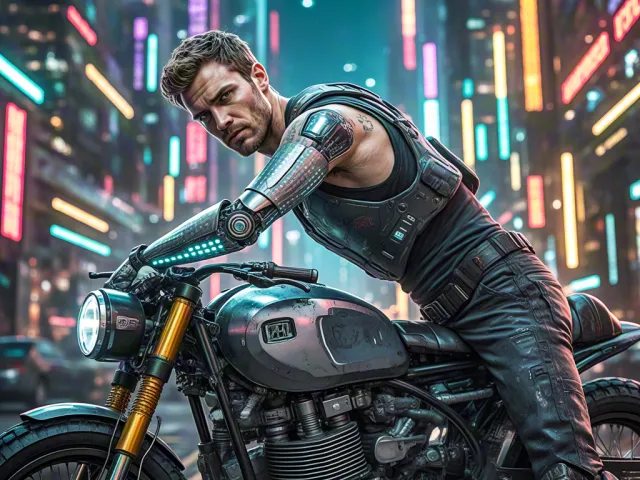 Futuristic man riding motorcycle under neon lights