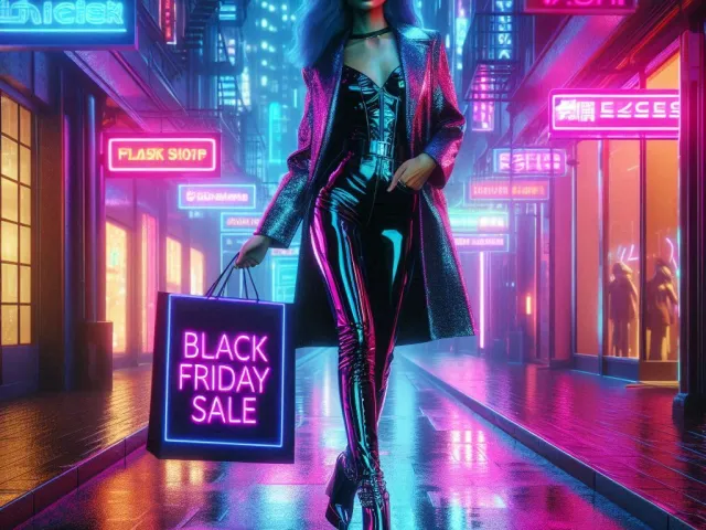 Cyberpunk style poster featuring futuristic woman holding Black Friday sale sign