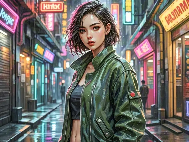 Stylish cyberpunk woman standing in a rainy neon-lit alley