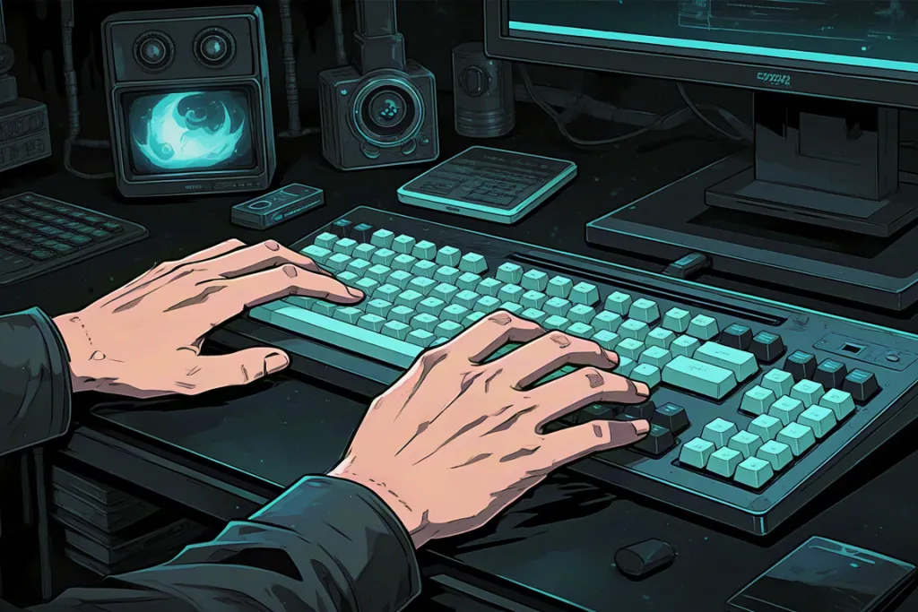 Hands typing on a glowing futuristic keyboard in a dark cyberpunk-style workspace with screens.