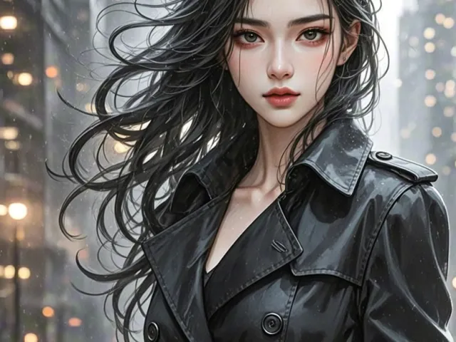 Dramatic portrait of a cyberpunk woman with intense expression in a futuristic city.