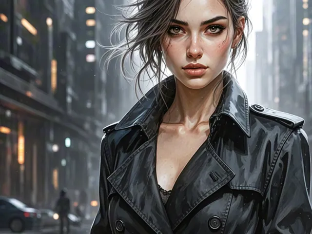 Portrait of a cyberpunk woman with intense expression in a futuristic city.