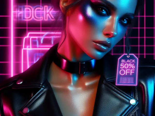 Futuristic female portrait with neon sale sign in cyberpunk style