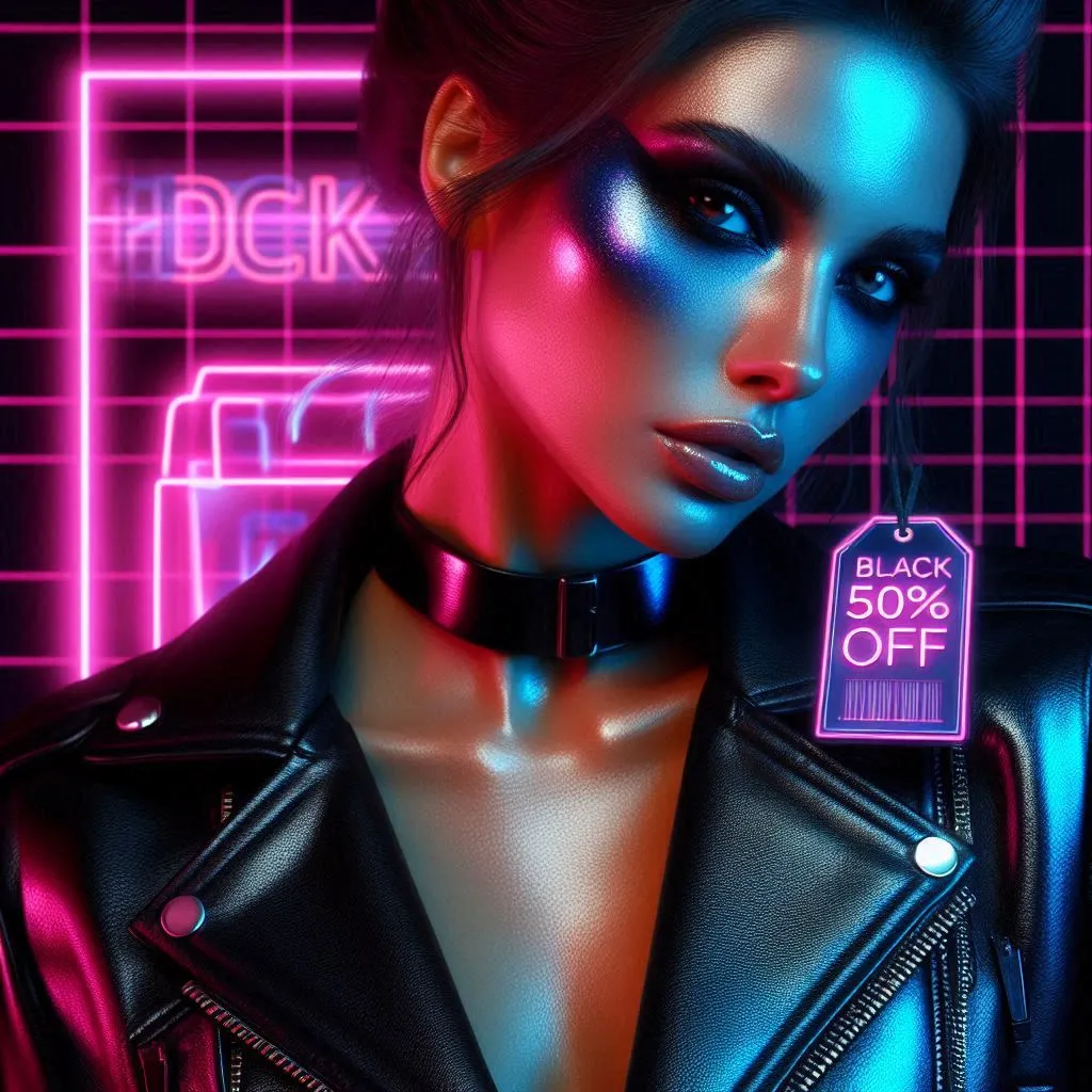Futuristic female portrait with neon sale sign in cyberpunk style
