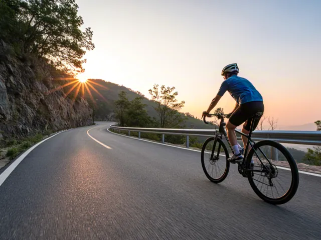 Athlete cycling on scenic road during warm sunset light