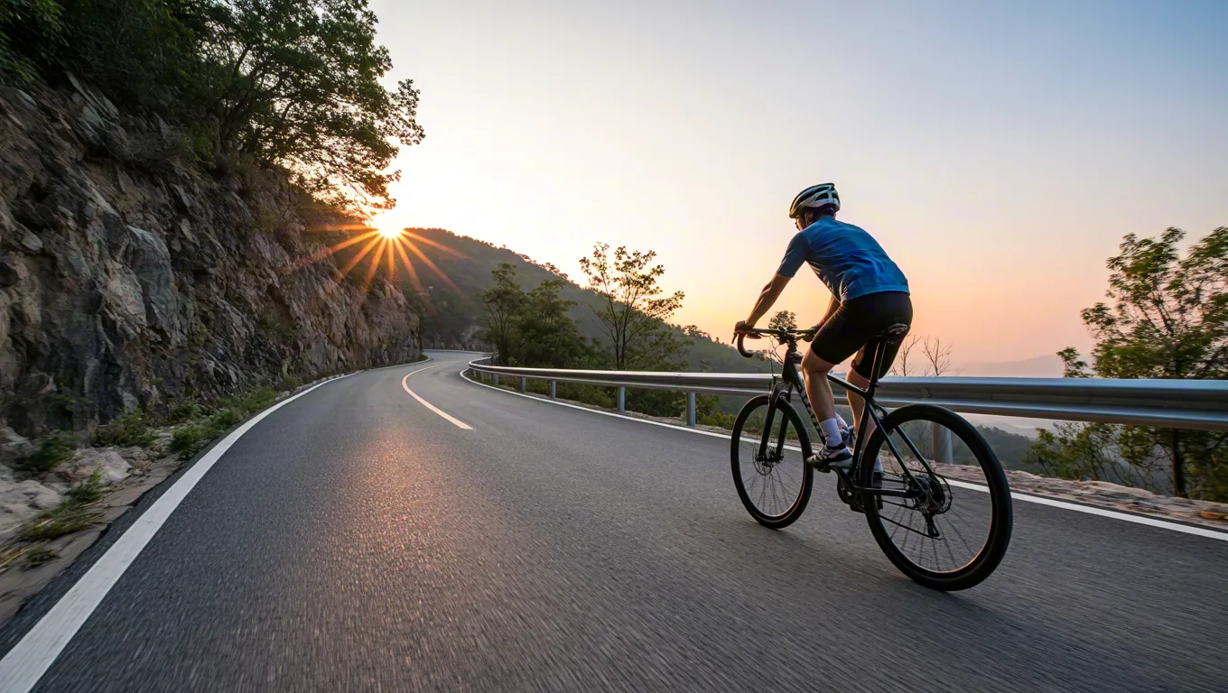 Athlete cycling on scenic road during warm sunset light