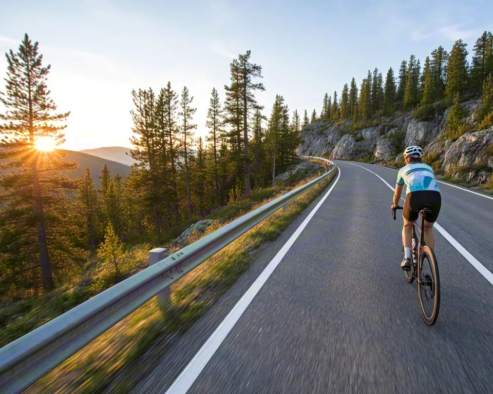 Cyclist Riding Through Forest Road at Sunset