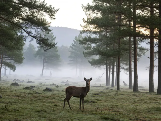 Deer standing in misty forest landscape during early morning