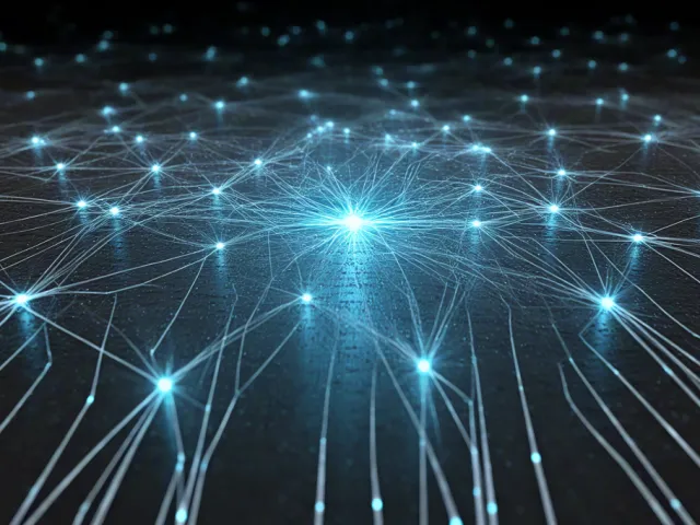 Futuristic illustration of a digital network with interconnected glowing nodes.