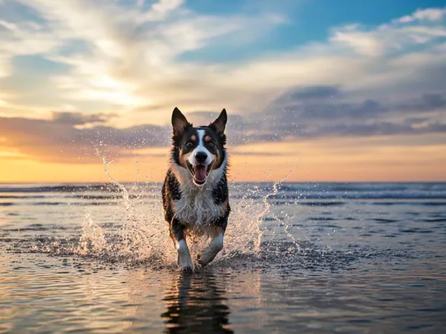 Energetic dog running along shoreline during colorful sunset