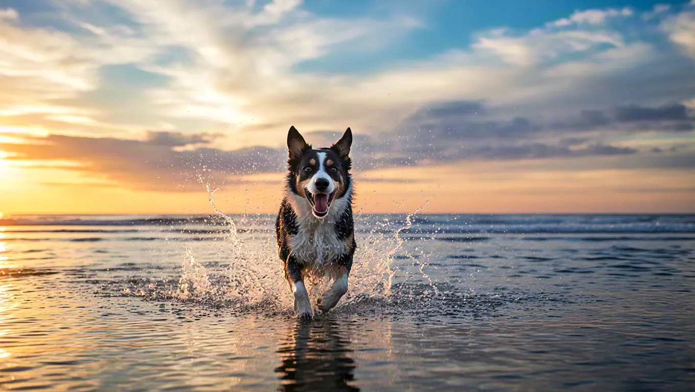 Energetic dog running along shoreline during colorful sunset