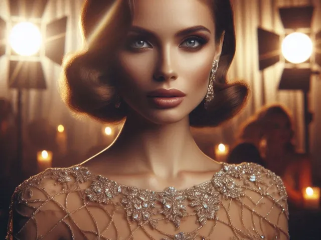 Glamorous woman posing in golden candlelit environment