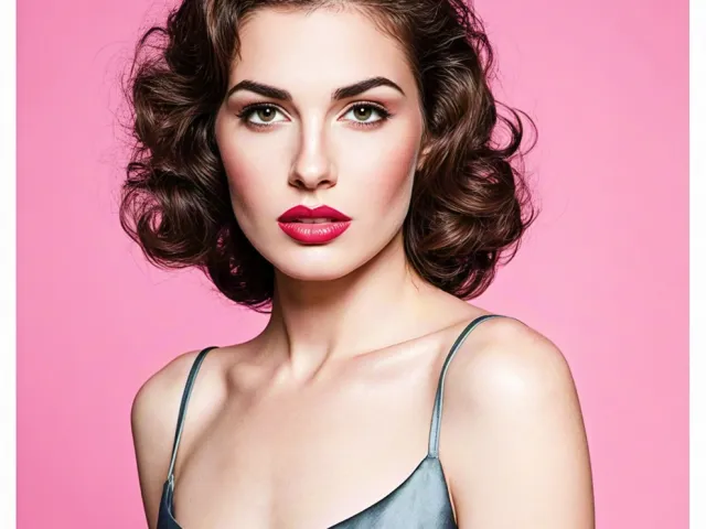 Woman with short curly hair posing gracefully against pink background