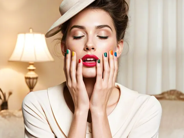 Glamorous woman with soft makeup posing with hands on her face and Color Nails