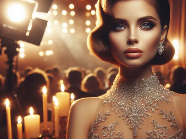 Glamorous woman in elegant evening dress under warm cinematic lights