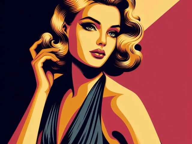 Stylized retro portrait of an elegant woman in a blue dress with vintage cinematic lighting.