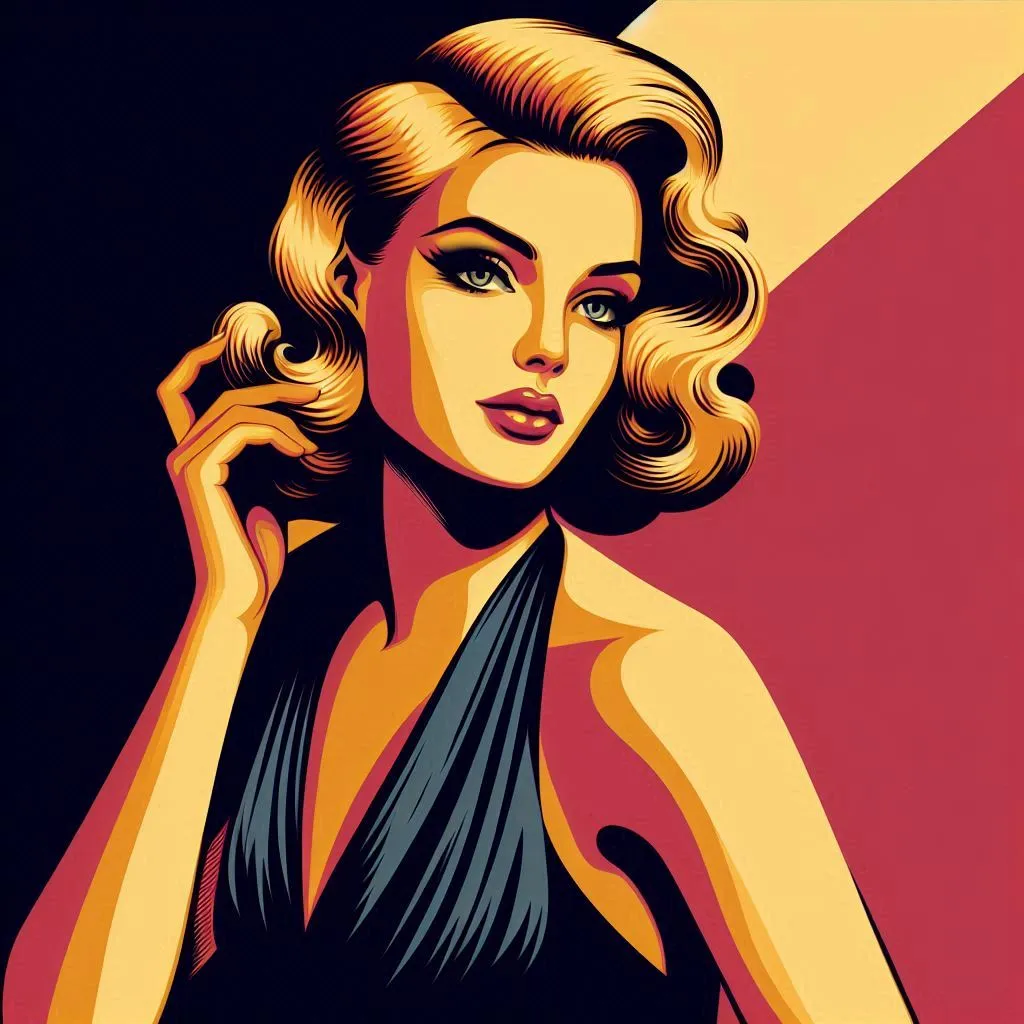 Stylized retro portrait of an elegant woman in a blue dress with vintage cinematic lighting.