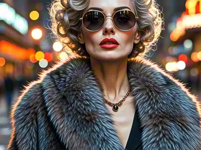 Stylish older woman wearing fur coat in glowing evening city scene