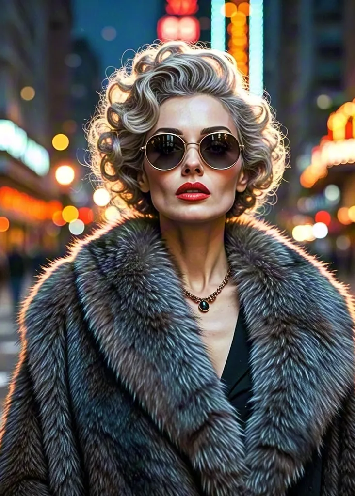 Elegant Woman in Fur Coat Walking Through City Lights