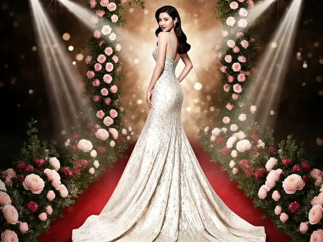 Glamorous woman posing on stage surrounded by roses and spotlight