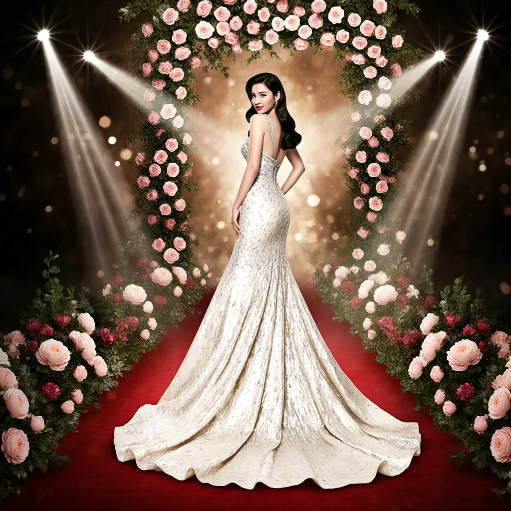 Elegant Woman in Red Gown on Dramatic Stage