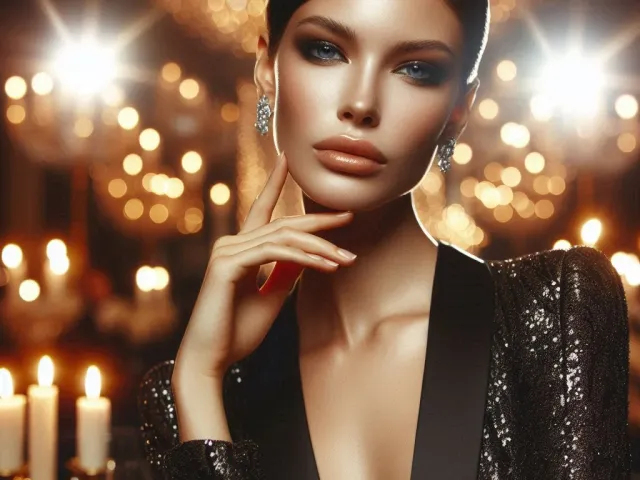 Glamorous woman posing in soft candlelight with evening makeup