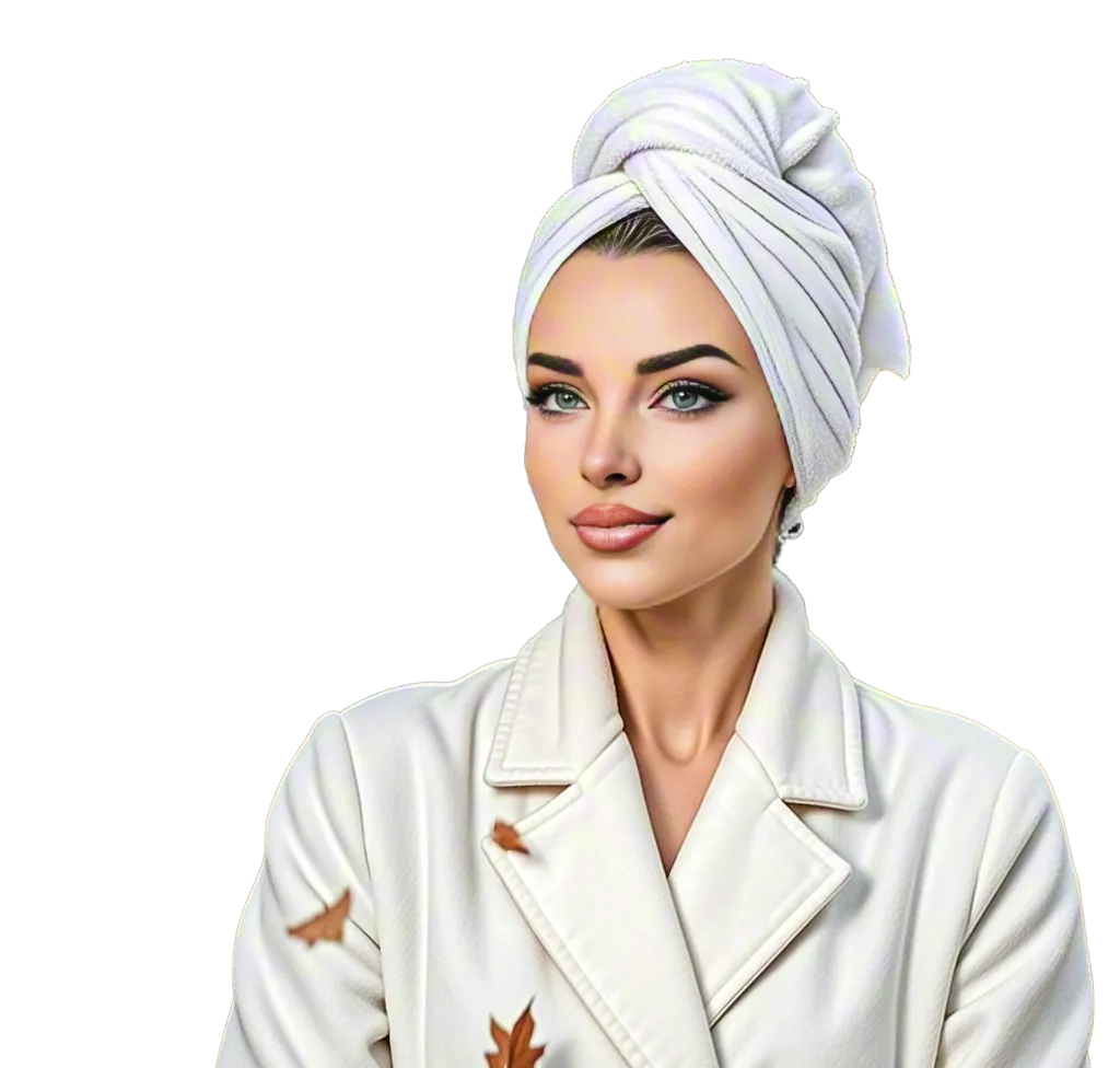Elegant beauty portrait of a woman wearing a white towel turban and minimalist outfit