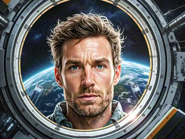 Strong male astronaut staring forward with Earth visible behind