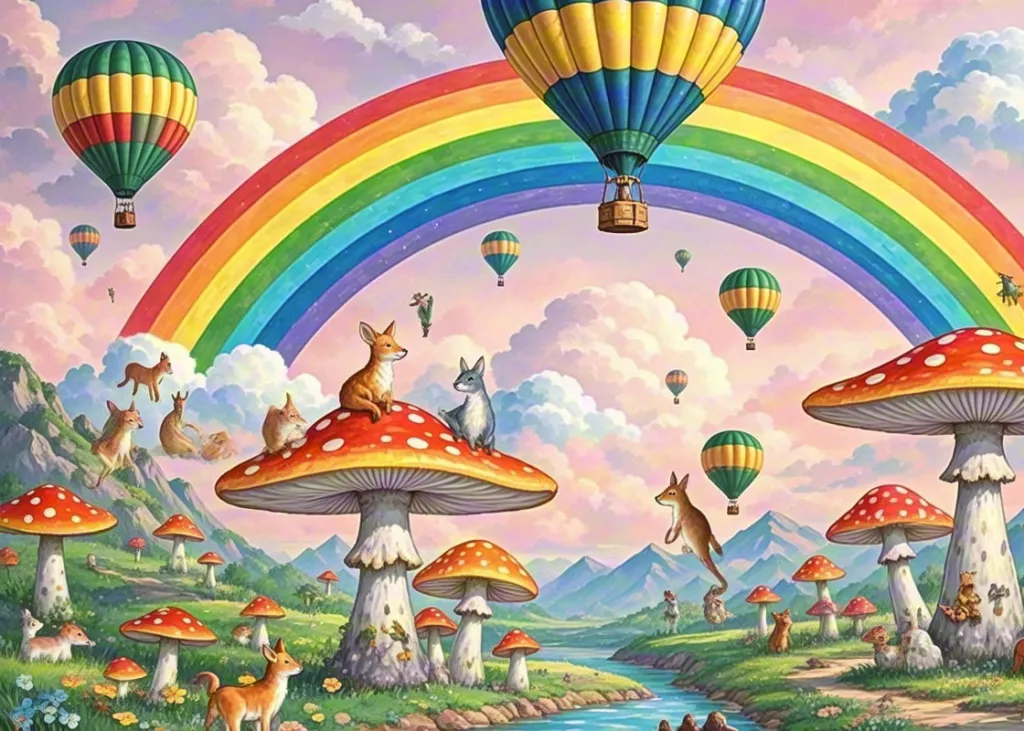 Colorful dreamy illustration of rainbow, flying balloons, and fantasy hills