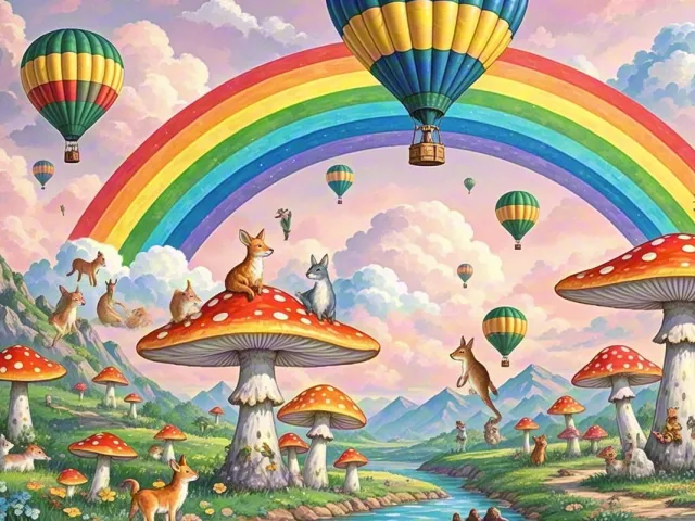 Colorful dreamy illustration of rainbow, flying balloons, and fantasy hills