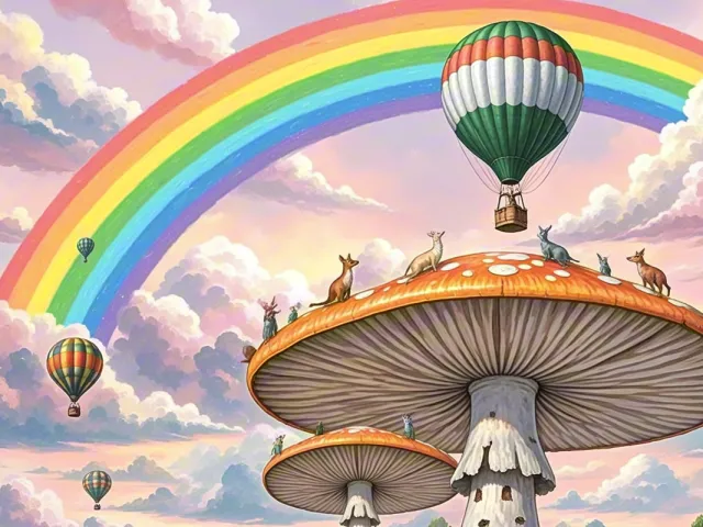 Whimsical fantasy illustration of giant mushrooms under rainbow sky