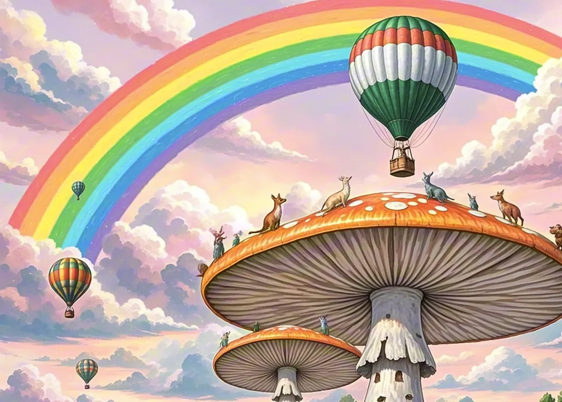 Whimsical fantasy illustration of giant mushrooms under rainbow sky