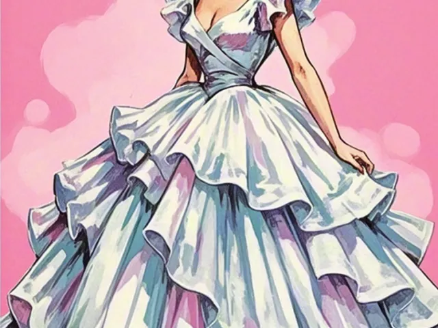 Elegant illustrated woman wearing ruffled pink gown in fairytale style