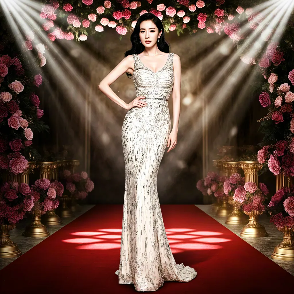 Fashion Model Posing on Red Carpet With Floral Lights