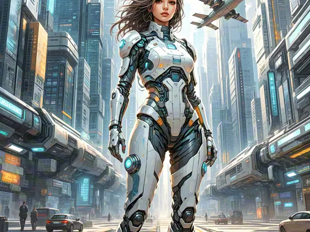Futuristic female cyborg standing in high-tech city environment