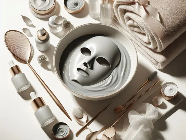Skincare flat lay featuring facial mask and beauty tools